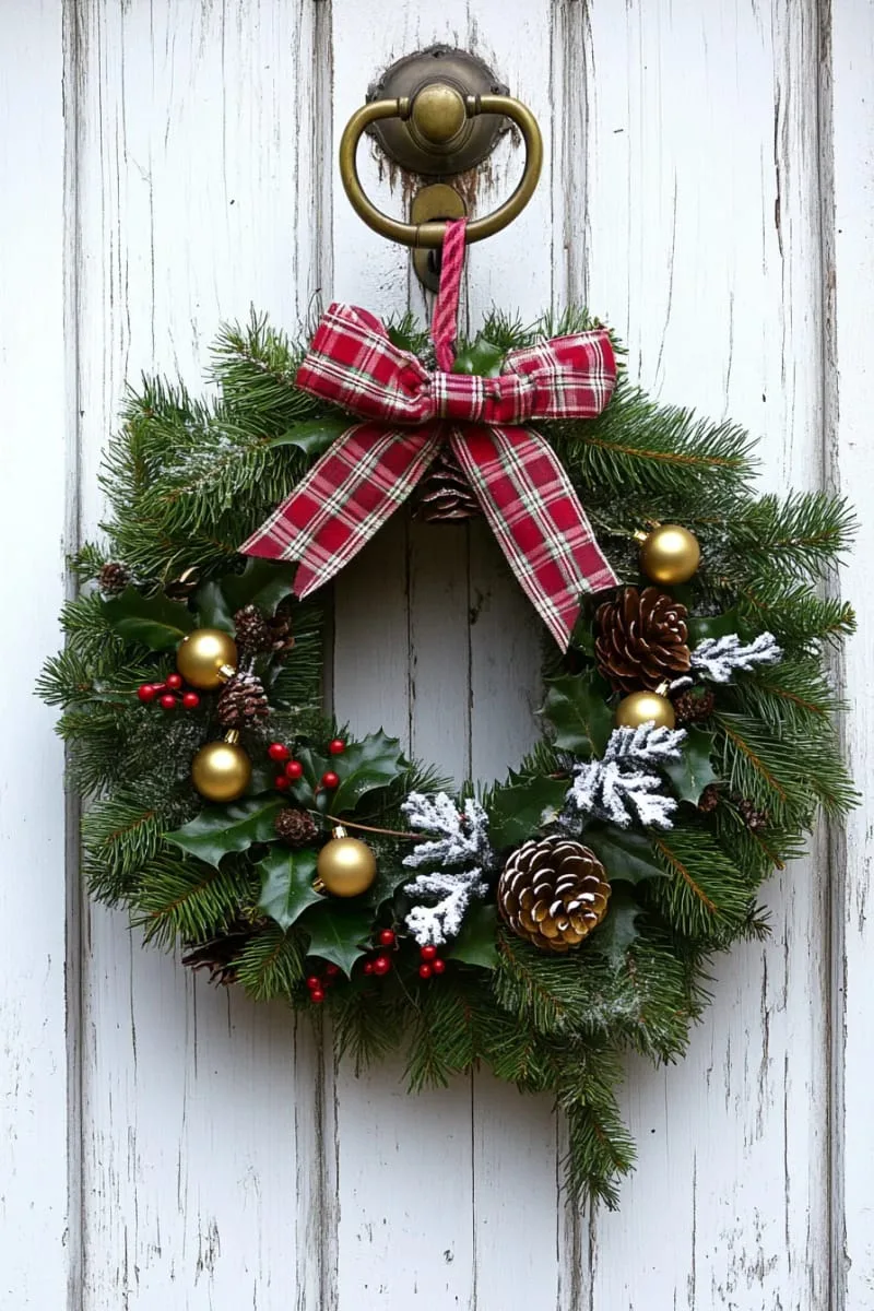 classic green wreath adorned with gold bells and plaid ribbon 1