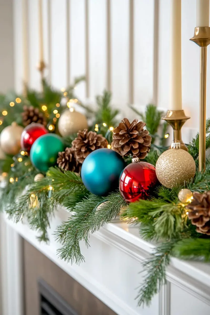 classic mantel-style shelf with layered greenery and oversized ornaments 1