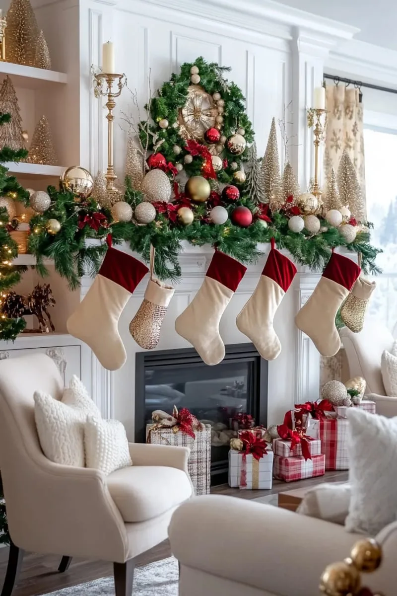 classic mantel-style shelf with layered greenery and oversized ornaments 1