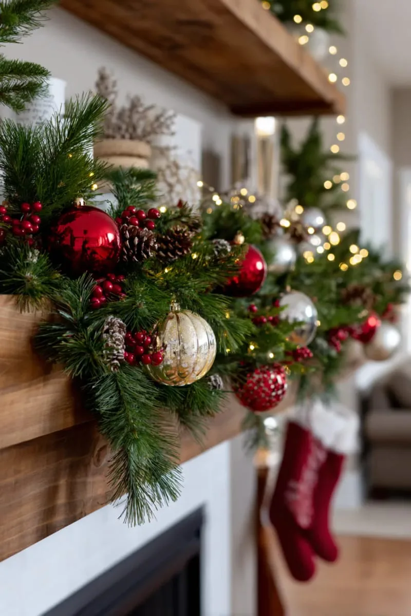 classic mantel-style shelf with layered greenery and oversized ornaments 1