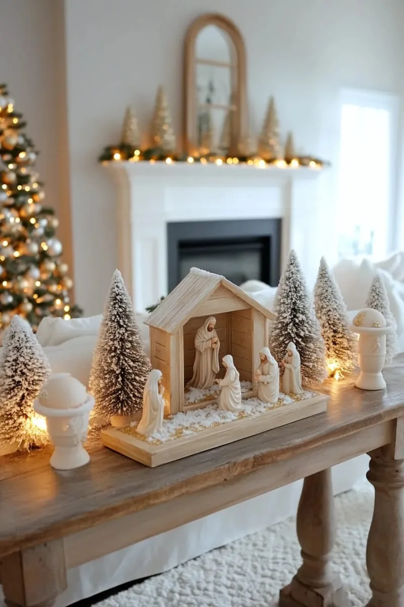 classic nativity scene surrounded by mini flocked trees and soft glowing lights 1