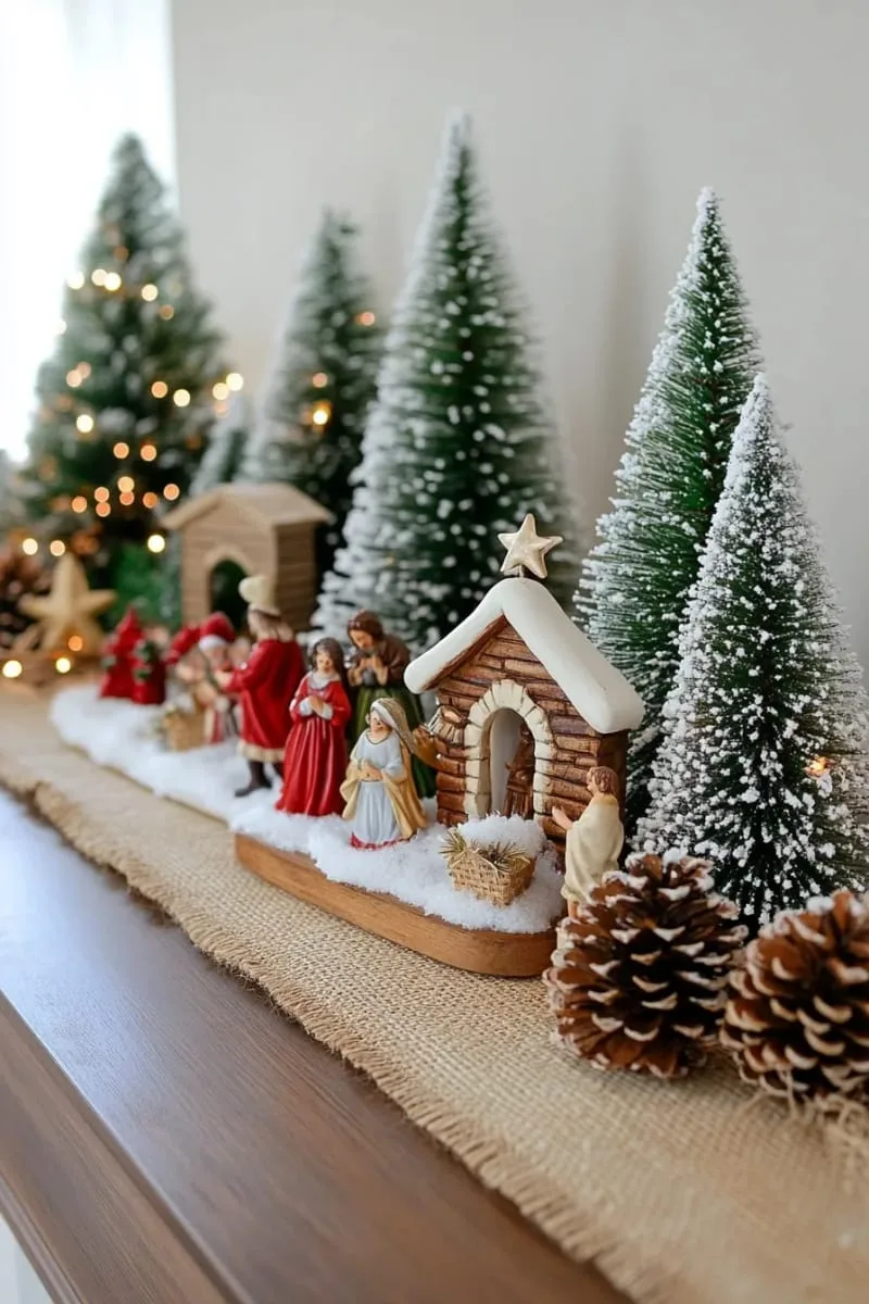 classic nativity scene surrounded by mini flocked trees and soft glowing lights 1