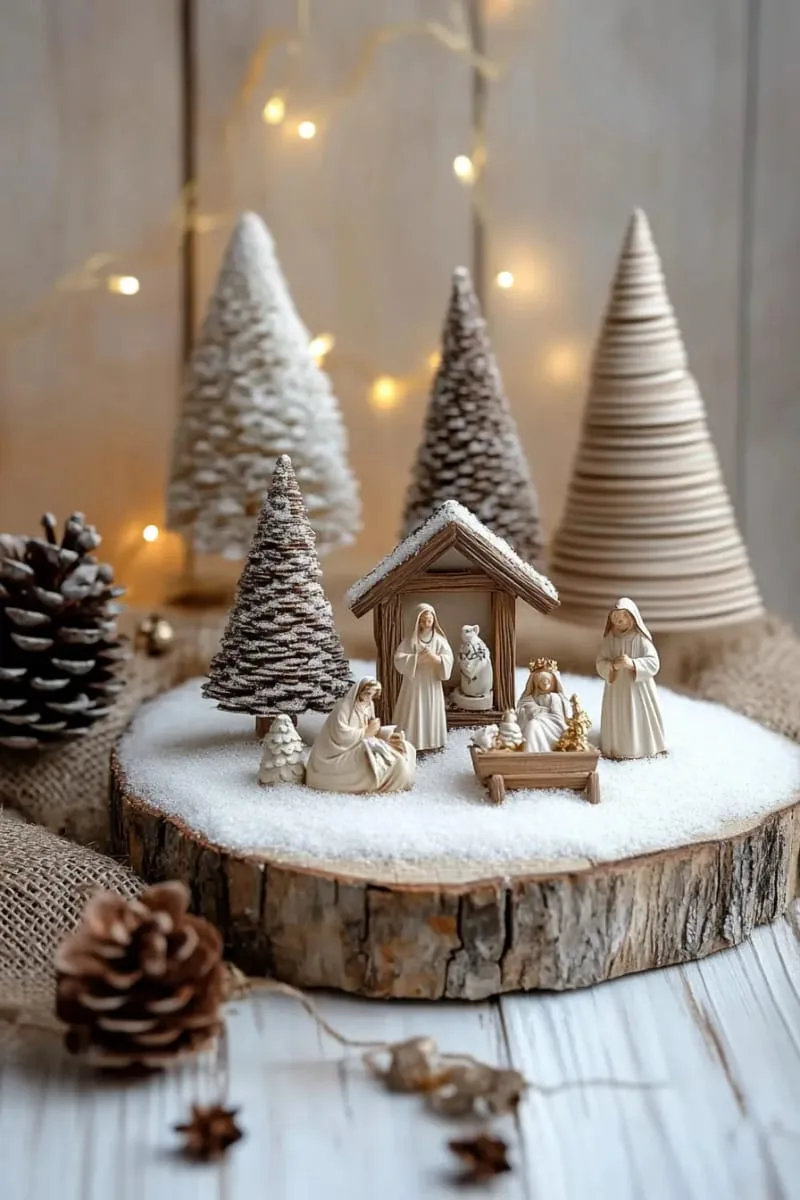 classic nativity scene surrounded by mini flocked trees and soft glowing lights 1