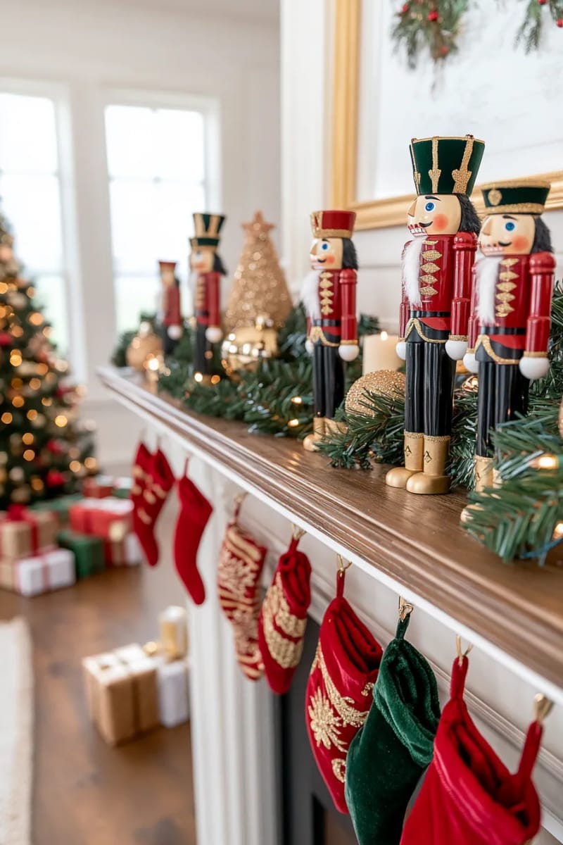 27 Vintage Christmas Decorations You'll Love 31 classic nutcracker figures lined up along a mantelpiece with faux snow 1