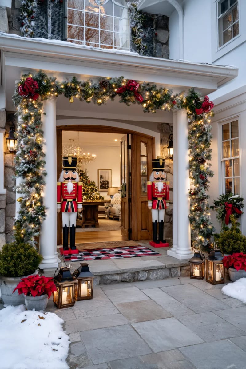 classic nutcracker soldiers guarding the entryway with garland accents 1