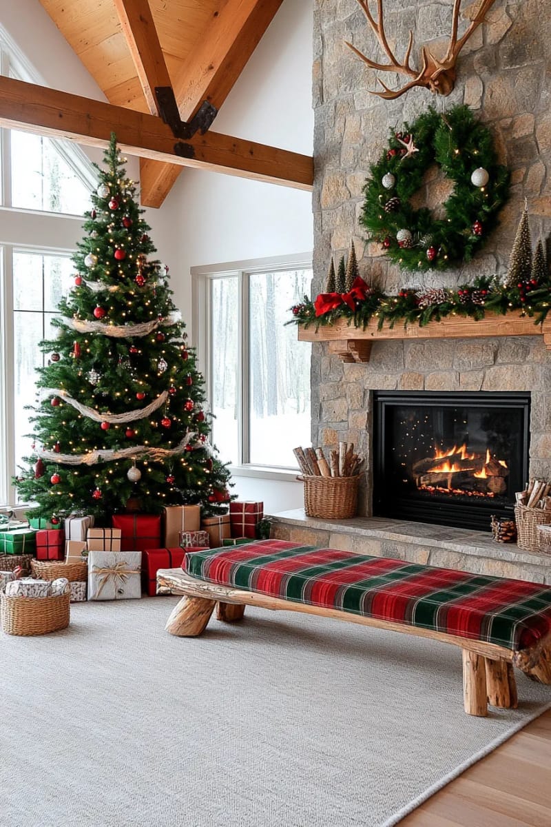 23 Woodsy Christmas Decor Ideas for a Rustic, Cabin-Cozy Holiday 40 classic plaid throw blankets on log benches by a decorated tree 1
