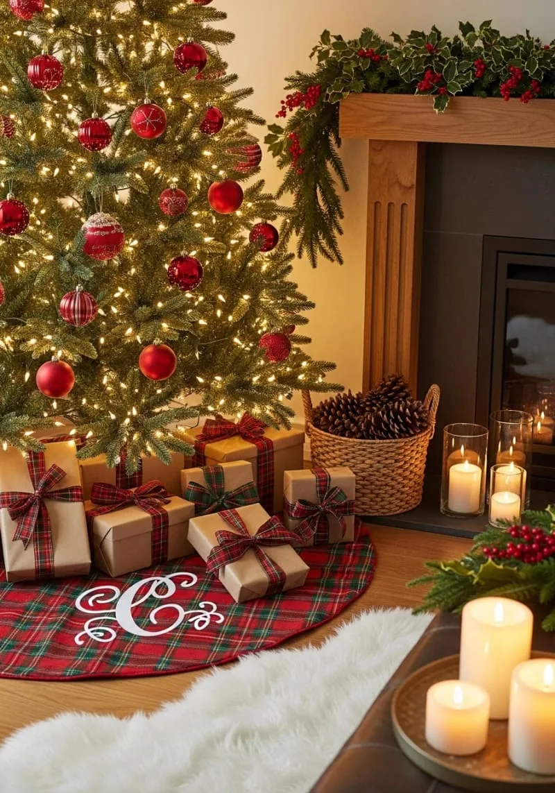 classic plaid tree skirt with iron-on cricut monogram 1