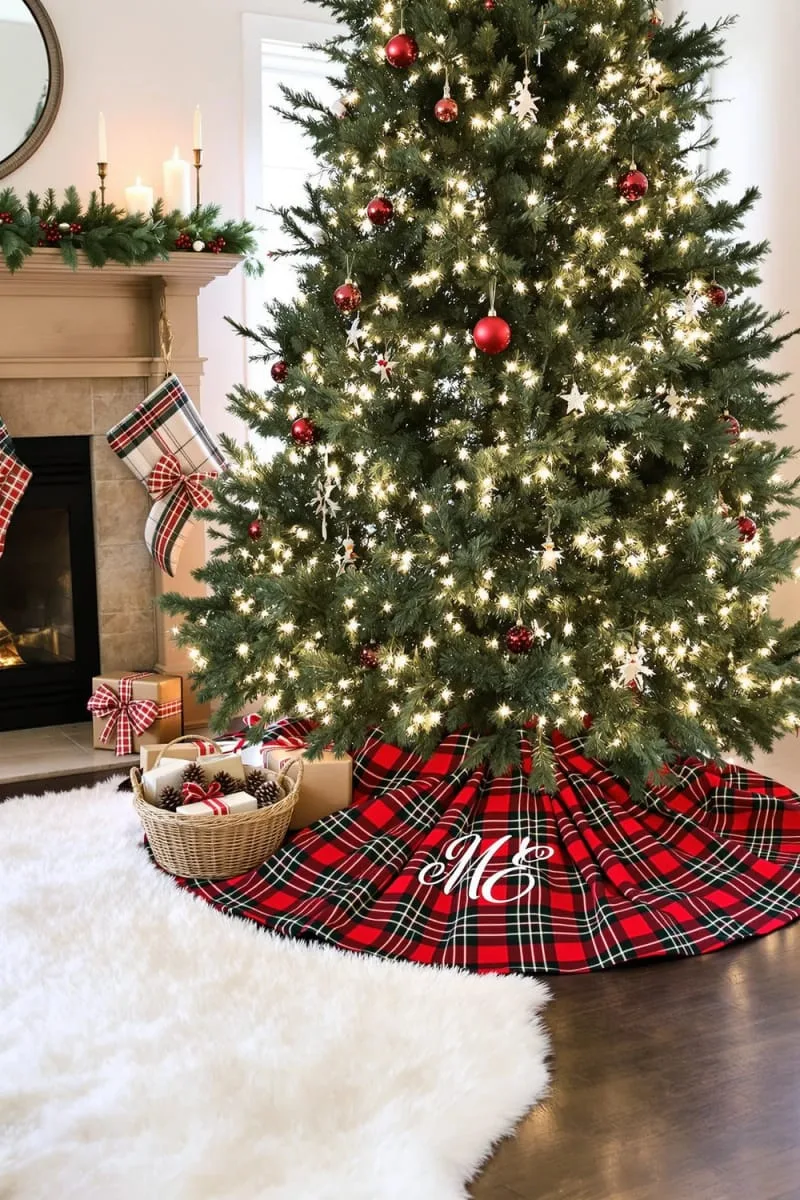 classic plaid tree skirt with iron-on cricut monogram 1