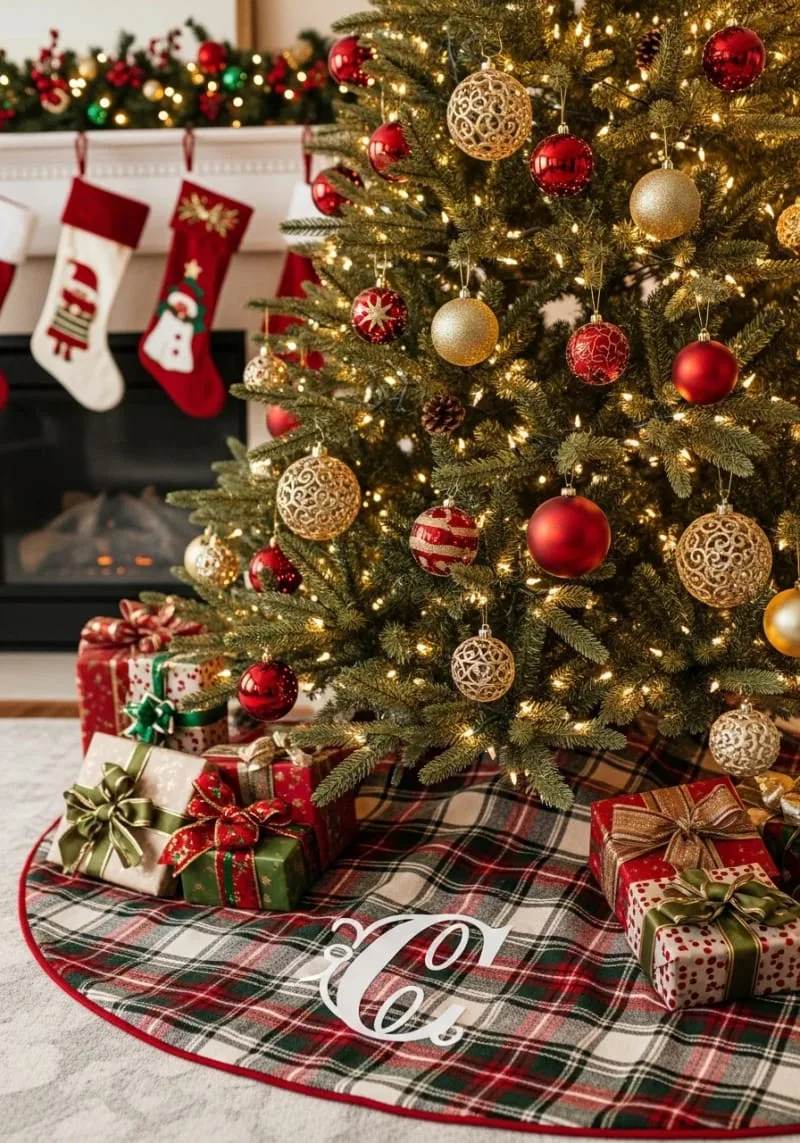 classic plaid tree skirt with iron-on cricut monogram 1