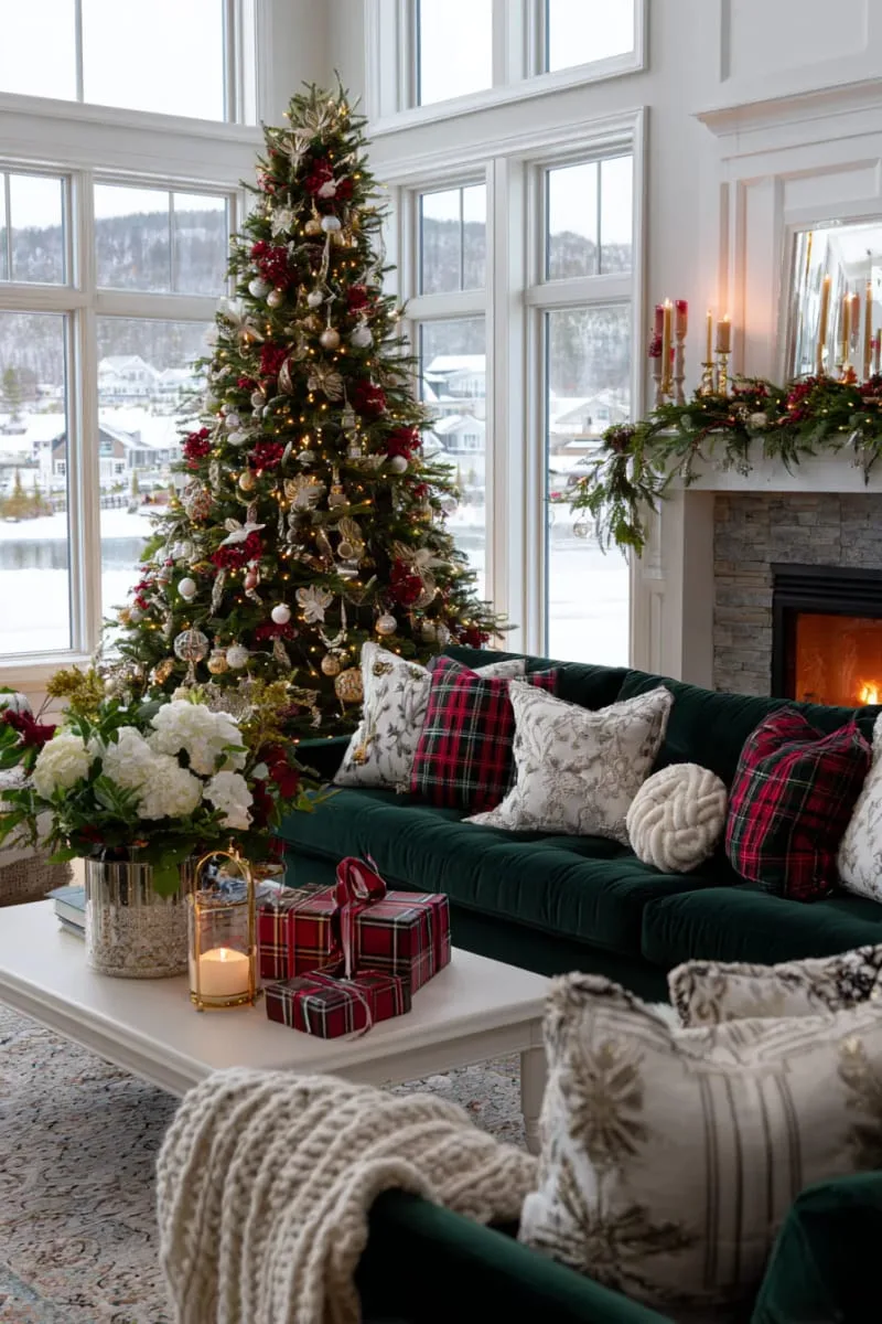 classic red and gold christmas tree with plaid ribbon and vintage baubles 1