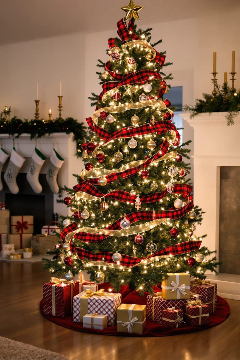 classic red and gold christmas tree with plaid ribbon and vintage baubles 1