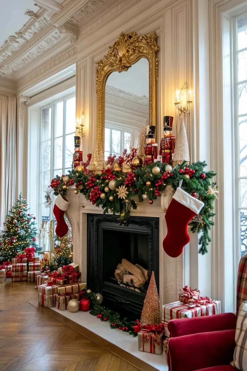 classic red and green mantle with nutcracker soldiers and lush garlands 1
