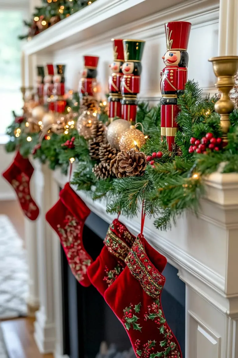 classic red and green mantle with nutcracker soldiers and lush garlands 1