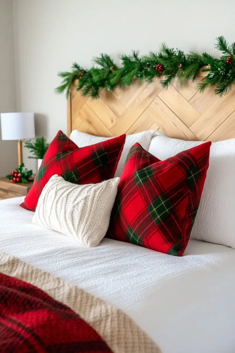 classic red and green plaid pillows layered with neutral bedding 1