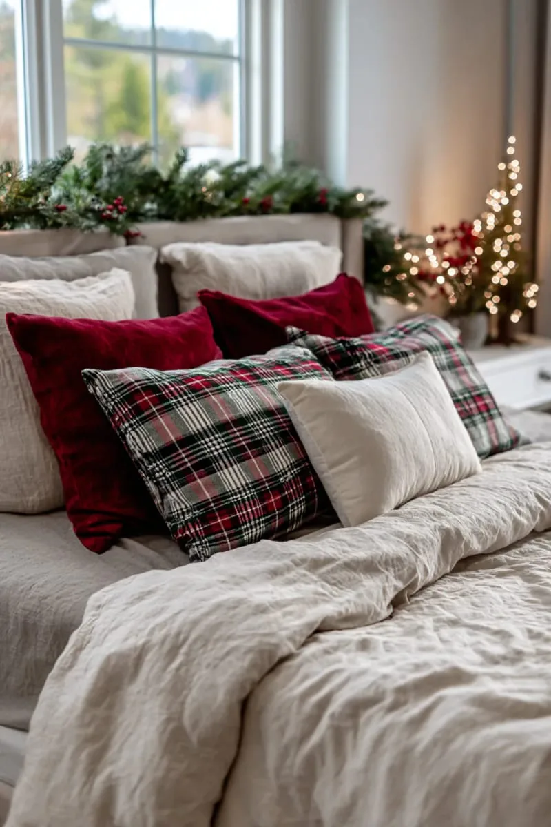classic red and green plaid pillows layered with neutral bedding 1