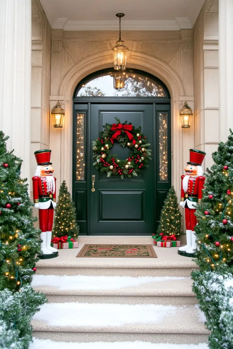 classic red and green string lights with nutcracker statues at the doorway 1