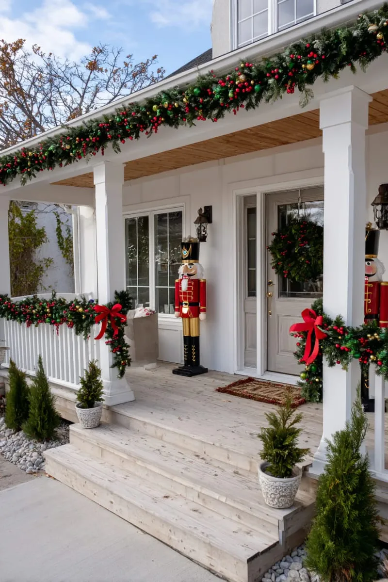 classic red and green string lights with nutcracker statues at the doorway 1
