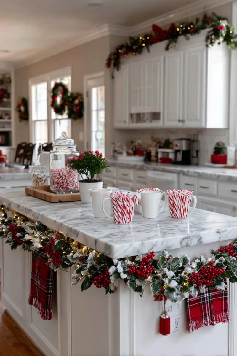 23 Christmas Kitchen Island Decor Ideas That Bring Instant Holiday Charm 28 classic red and white berry garland draped across kitchen island counter 1
