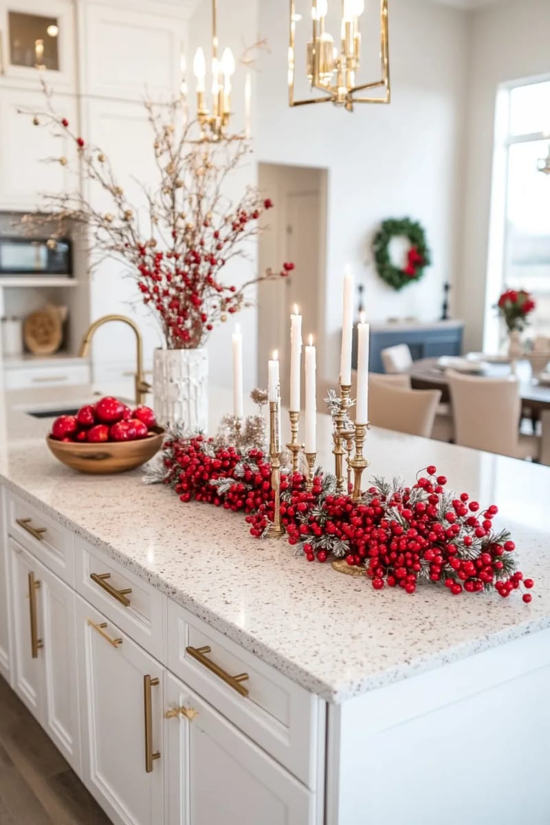 23 Christmas Kitchen Island Decor Ideas That Bring Instant Holiday Charm 29 classic red and white berry garland draped across kitchen island counter 1
