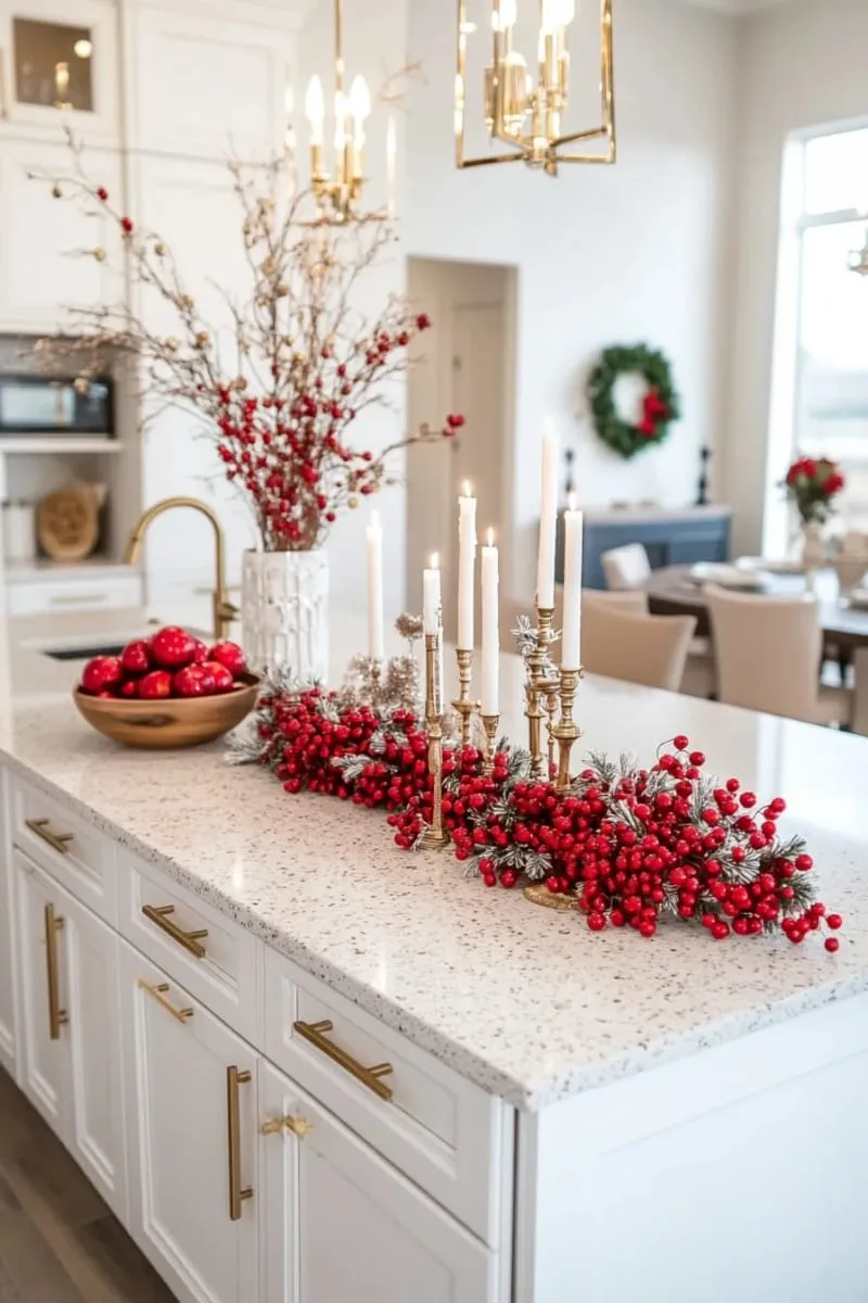 classic red and white berry garland draped across kitchen island counter 1