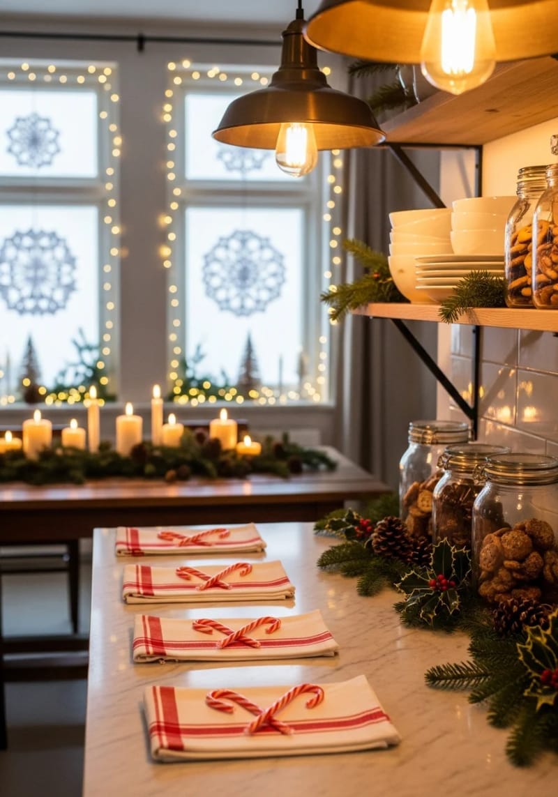 23 Christmas Countertop Decor Ideas Guests Can’t Stop Talking About 66 classic red and white kitchen towels folded with mini candy canes 1