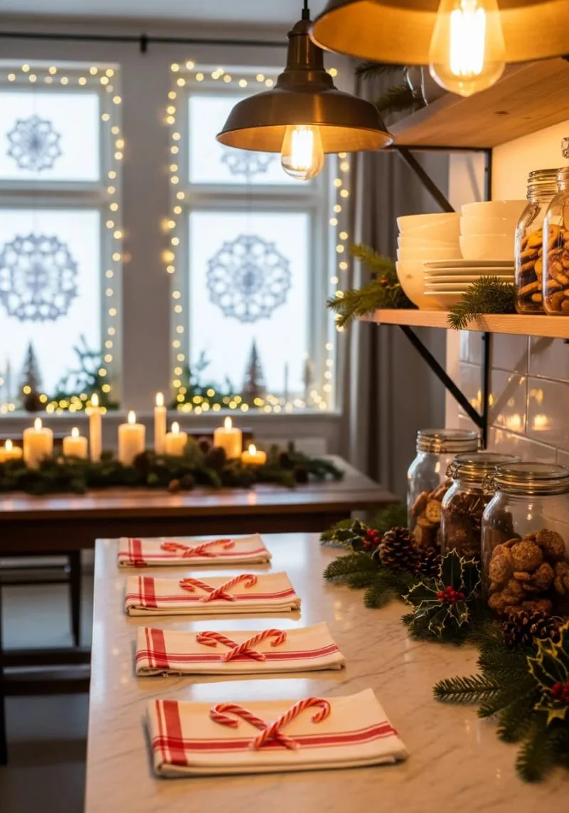 23 Christmas Countertop Decor Ideas Guests Can’t Stop Talking About 107 classic red and white kitchen towels folded with mini candy canes 1
