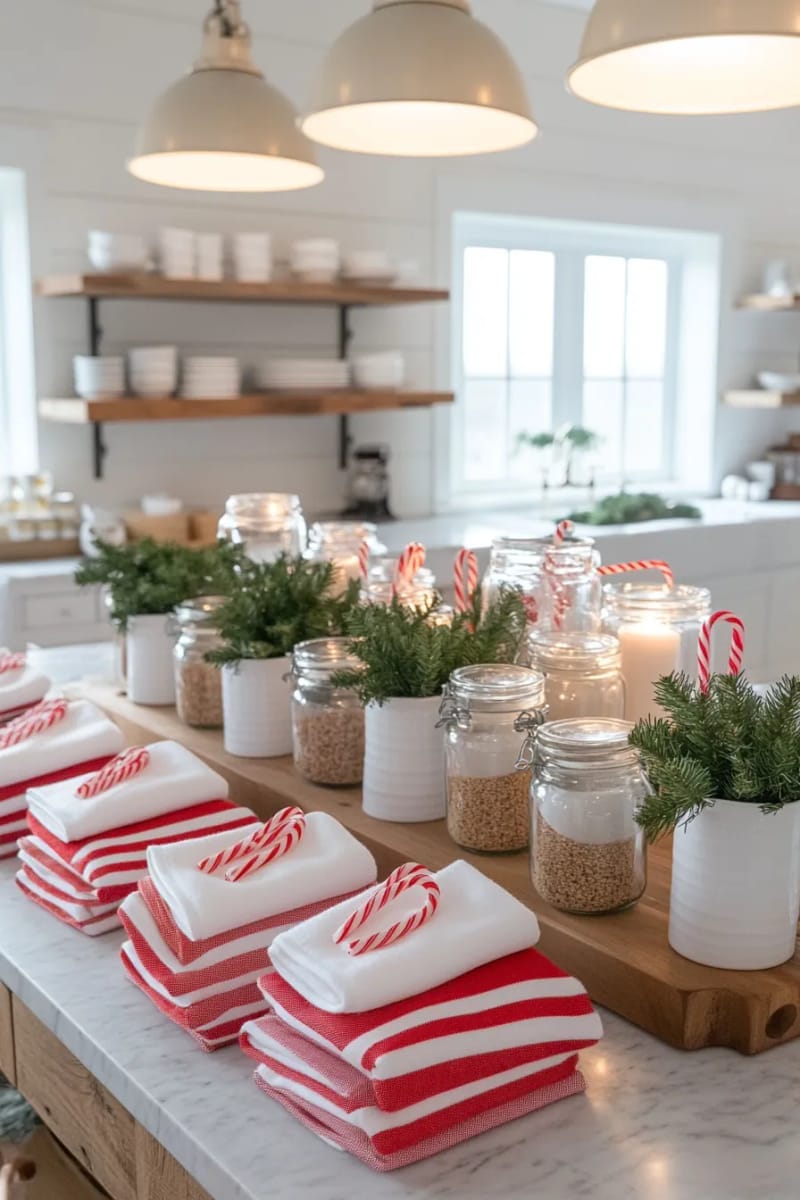 23 Christmas Countertop Decor Ideas Guests Can’t Stop Talking About 67 classic red and white kitchen towels folded with mini candy canes 1