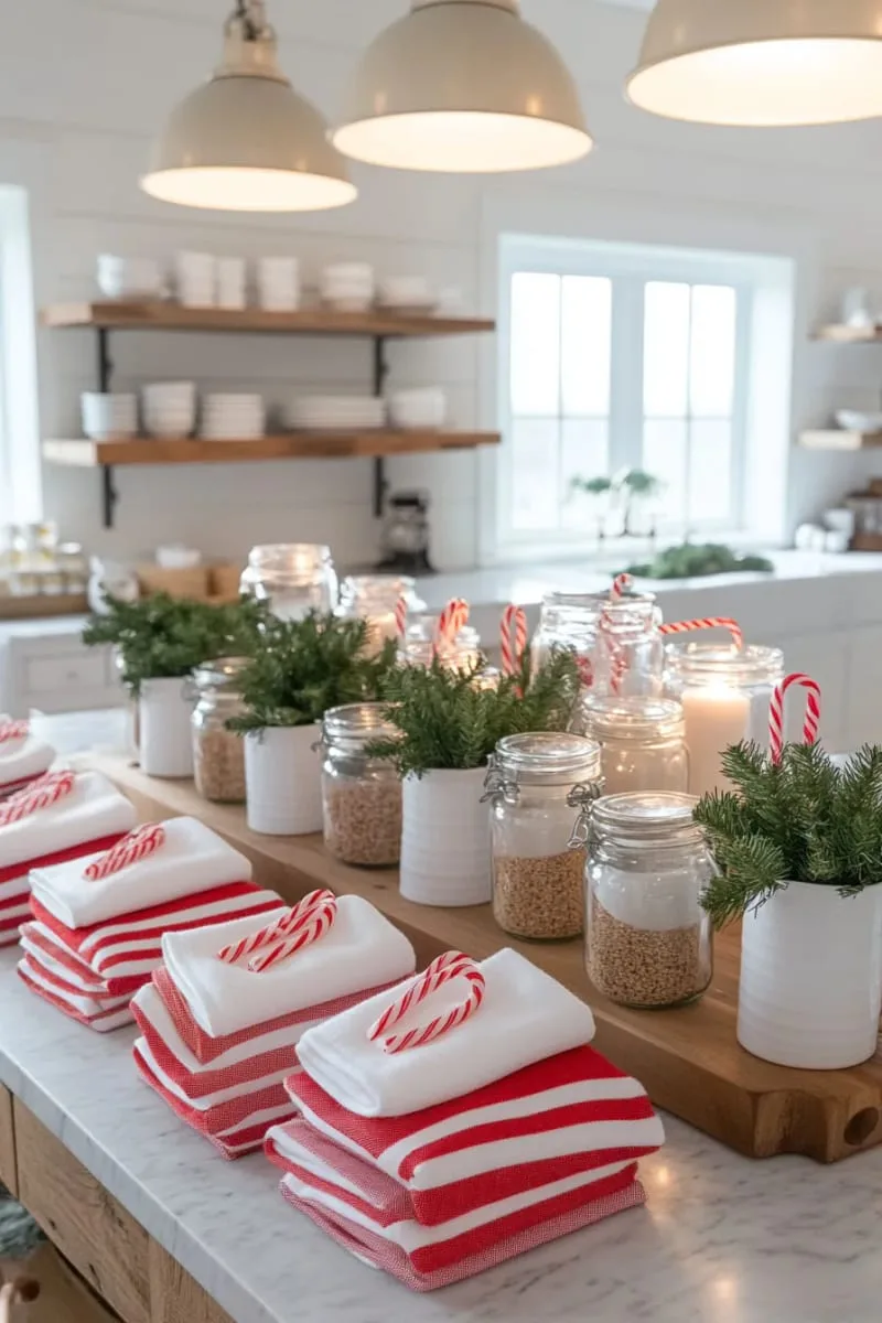 23 Christmas Countertop Decor Ideas Guests Can’t Stop Talking About 108 classic red and white kitchen towels folded with mini candy canes 1