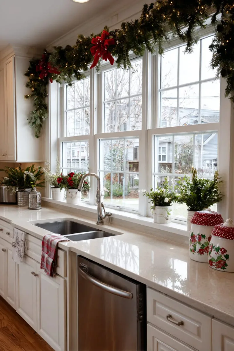 29 Creative Christmas Kitchen Decor Ideas You'll Absolutely Love 49 classic red bow garlands framing the kitchen window 1
