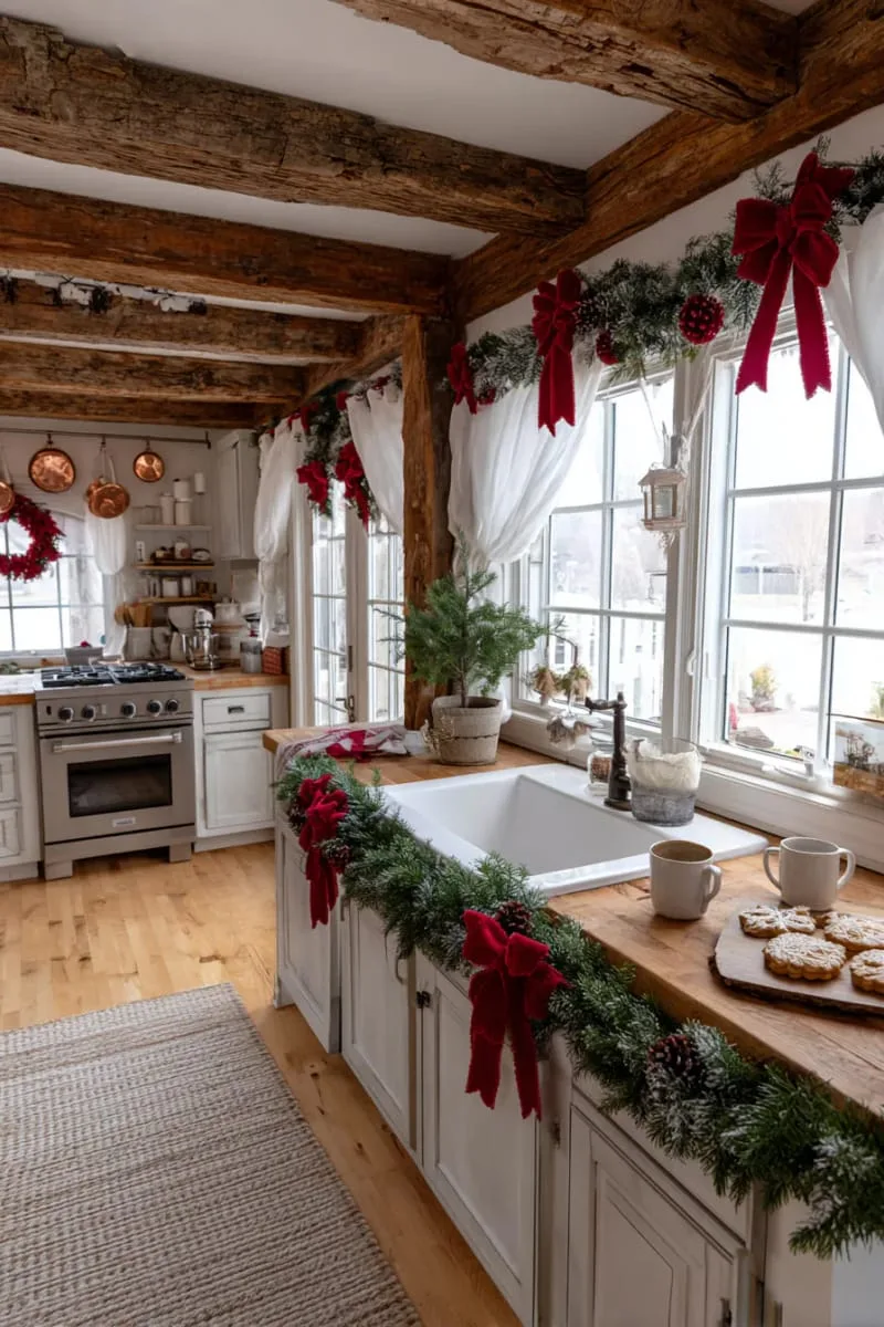 29 Creative Christmas Kitchen Decor Ideas You'll Absolutely Love 50 classic red bow garlands framing the kitchen window 1
