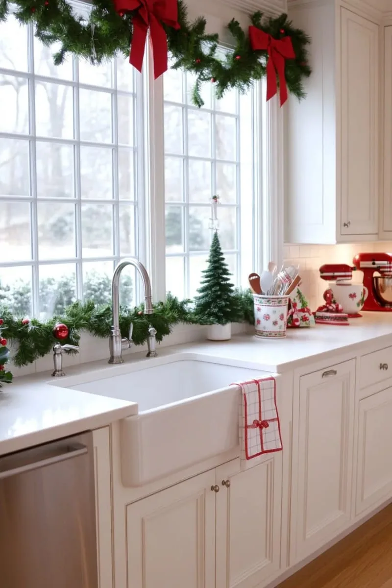 29 Creative Christmas Kitchen Decor Ideas You'll Absolutely Love 51 classic red bow garlands framing the kitchen window 1