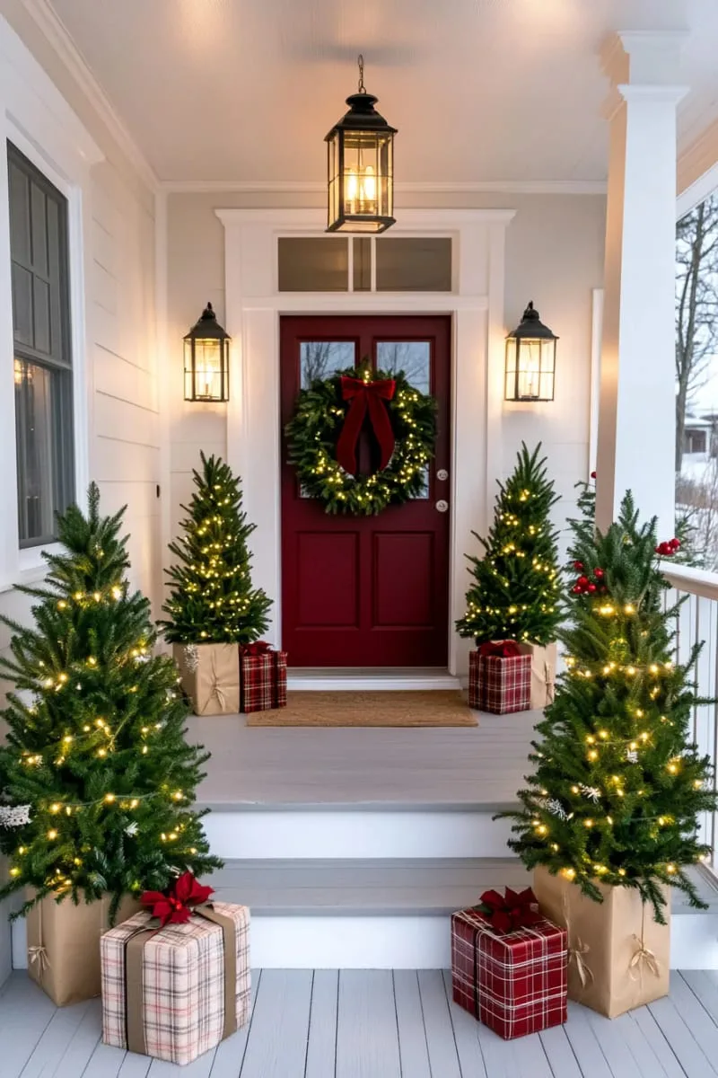 25 Gorgeous Christmas Front Porch Decor Ideas To Copy 3 classic red front door with matching wreath and twin potted evergreens. 1