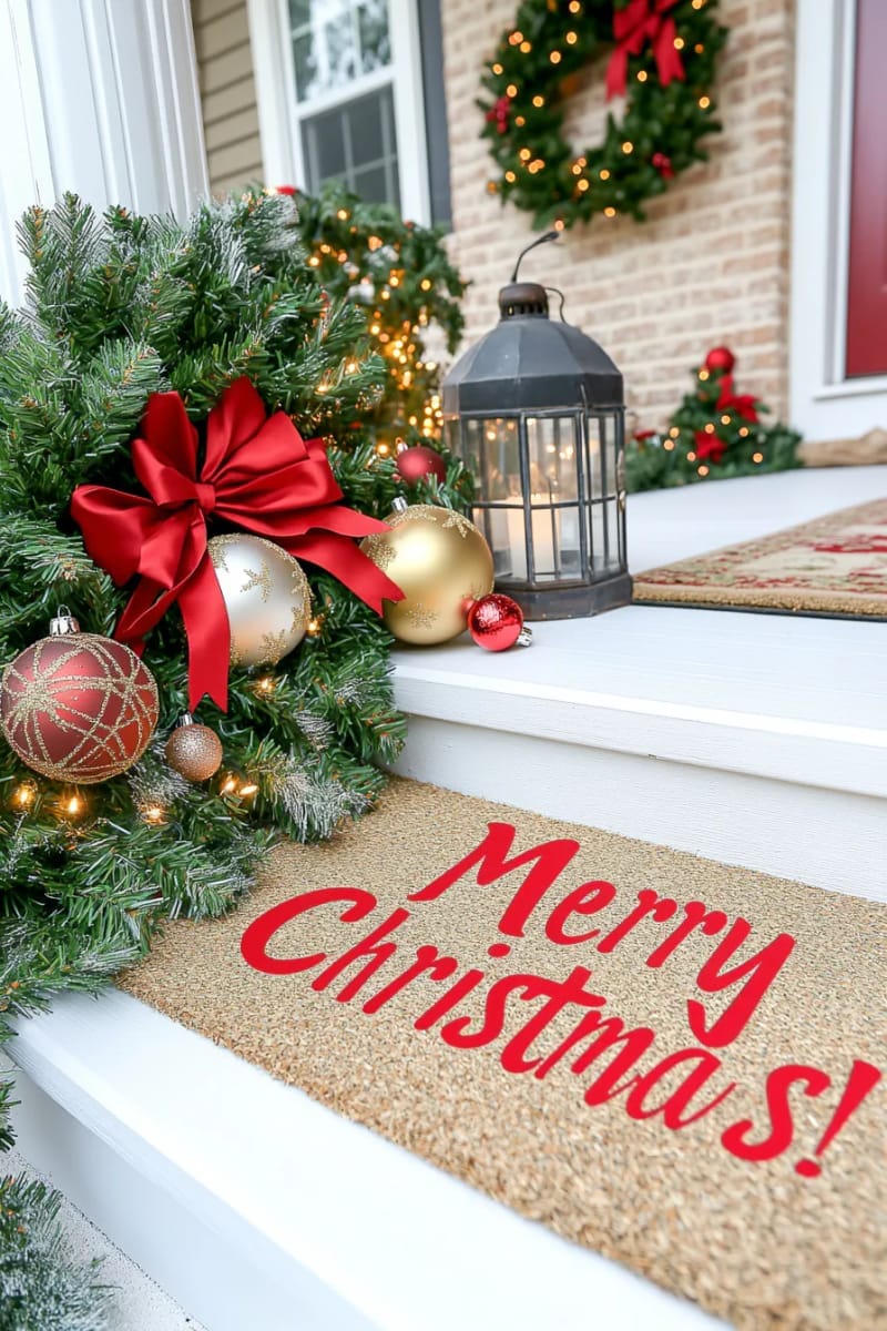 classic red front porch doormat with miniature pine trees on each side 1