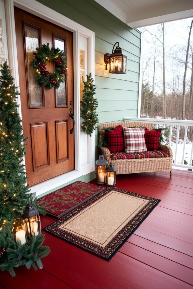 classic red front porch doormat with miniature pine trees on each side 1
