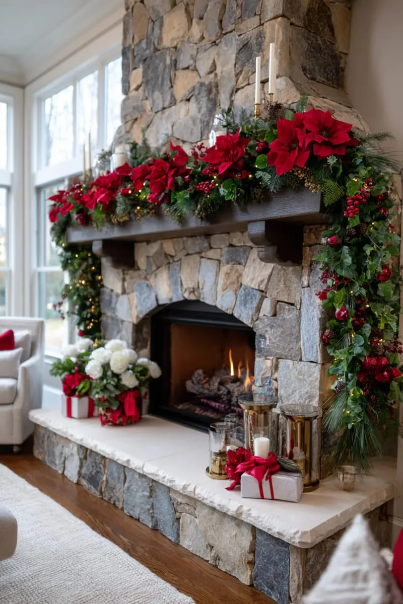 classic red poinsettias spilling over a stone fireplace edge 1