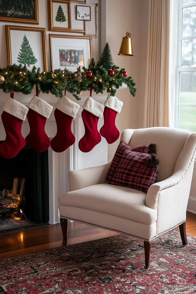 classic red stockings hung beneath framed wall art christmas tree 1