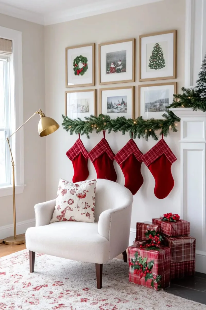 classic red stockings hung beneath framed wall art christmas tree 1