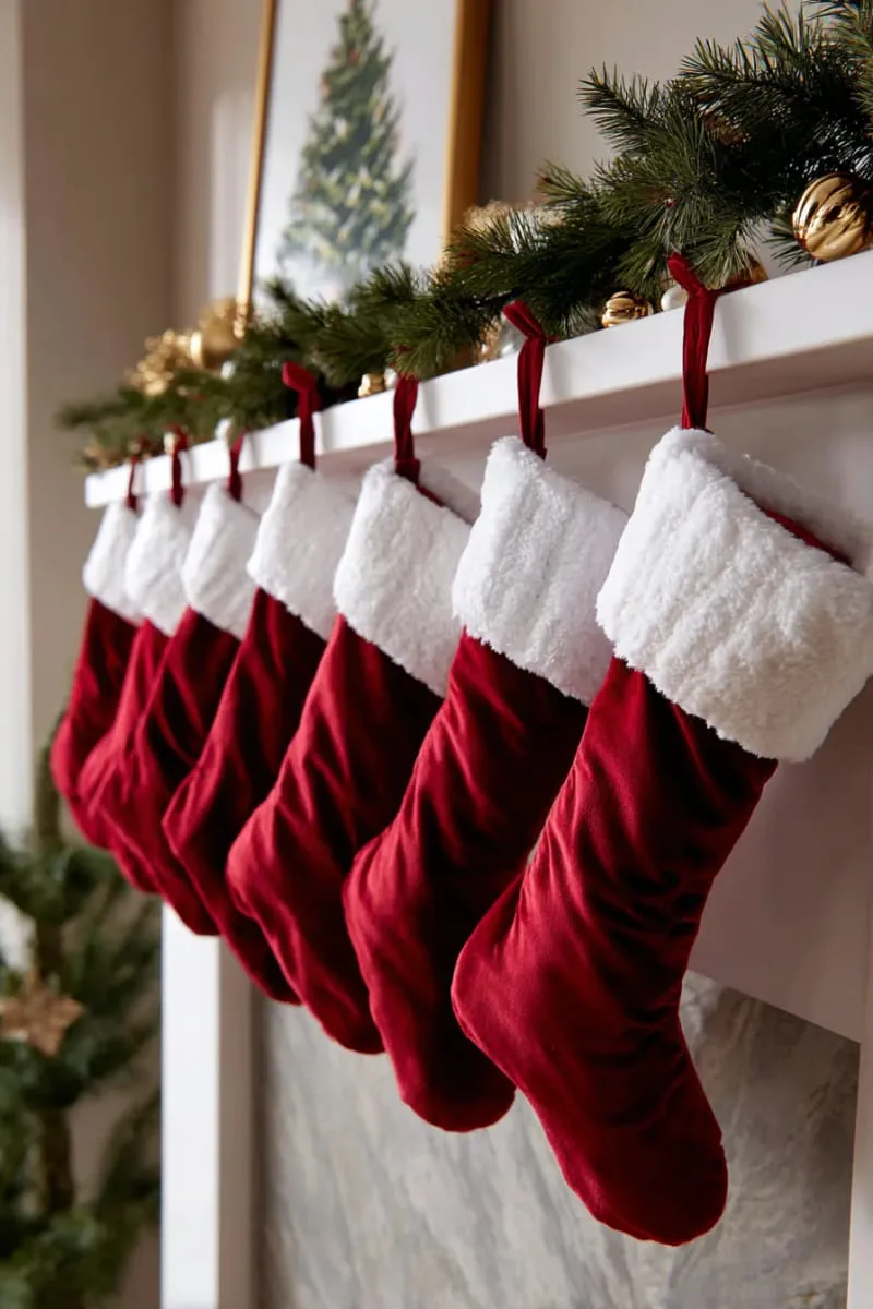 classic red stockings hung beneath framed wall art christmas tree 1