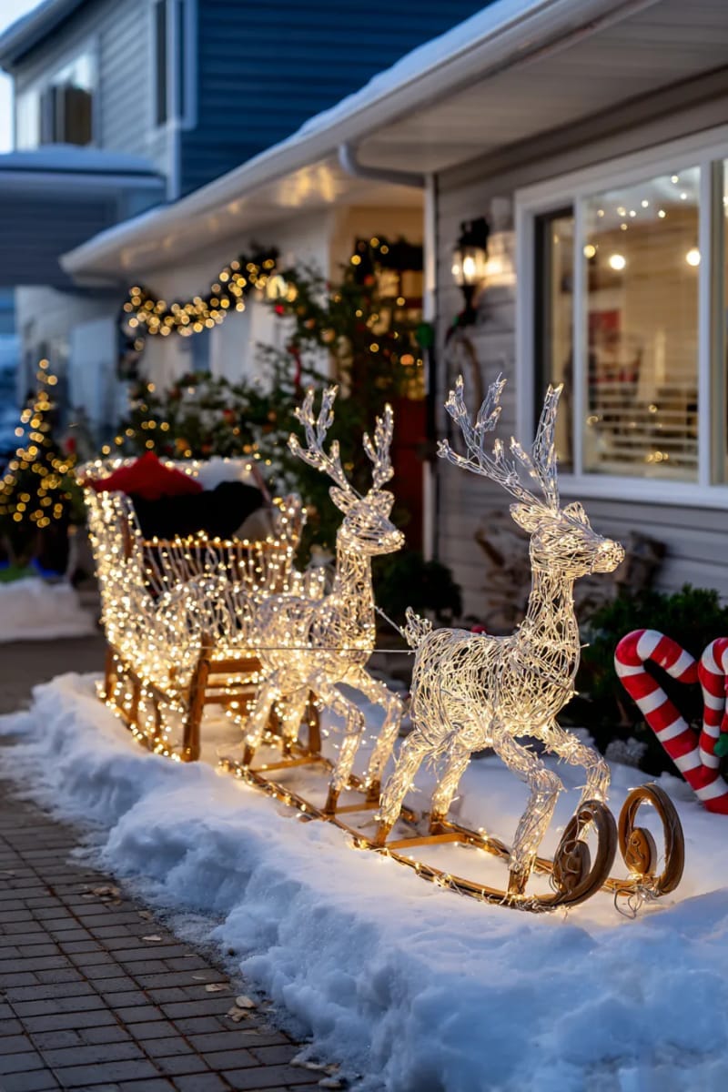 classic sleigh silhouette with reindeer outlined in warm white bulbs 1