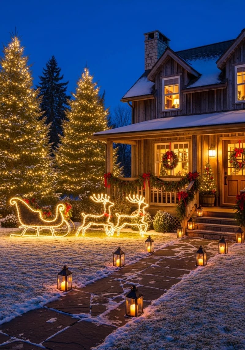 classic sleigh silhouette with reindeer outlined in warm white bulbs 1