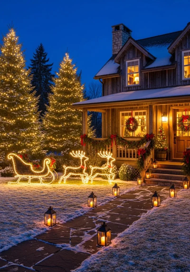 classic sleigh silhouette with reindeer outlined in warm white bulbs 1
