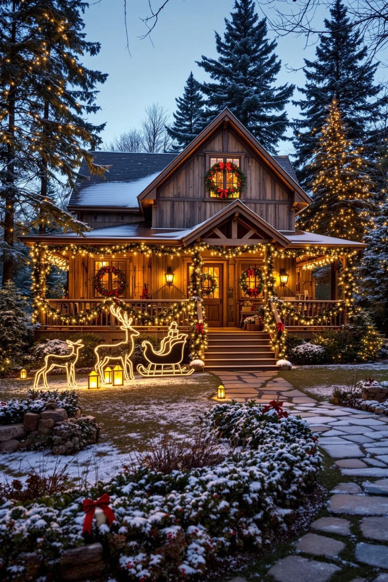 classic sleigh silhouette with reindeer outlined in warm white bulbs 1