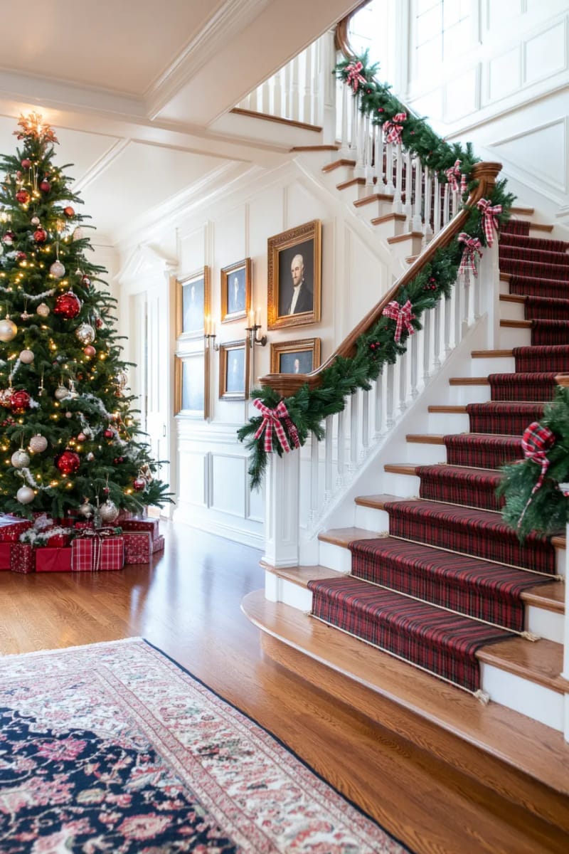27 Vintage Christmas Decorations You'll Love 49 classic tartan ribbons wrapped around staircase banisters and framed portraits 1
