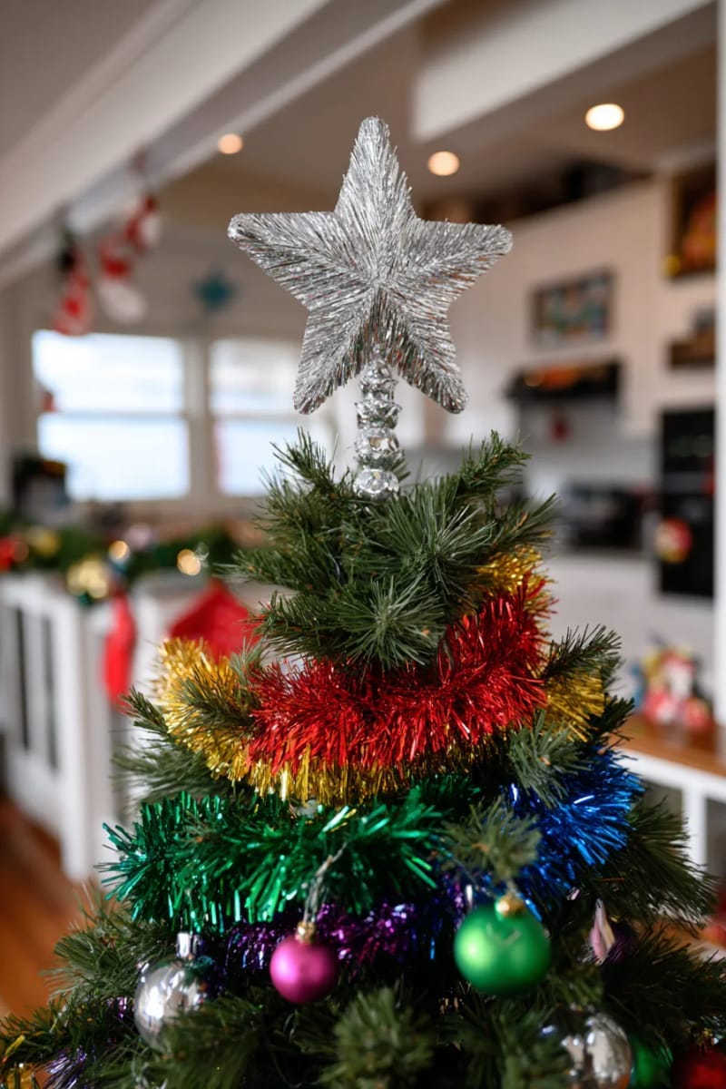 23 Kitsch Christmas Decor Ideas Full of Color, Whimsy, and Cheer 41 classic tinsel star tree topper paired with rainbow garland 1