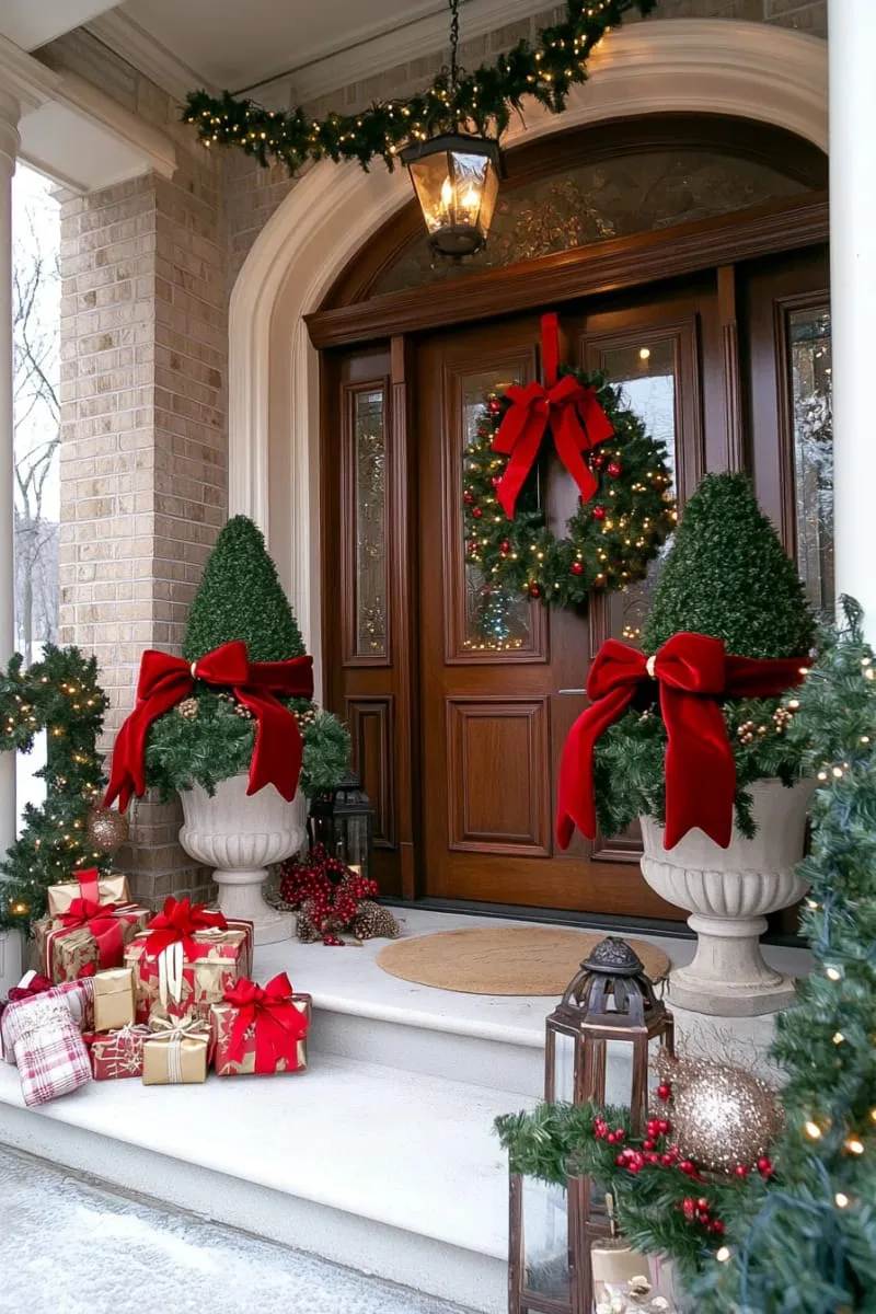 25 Gorgeous Christmas Front Porch Decor Ideas To Copy 110 classic topiary trees tied with oversized red bows flanking the entry. 1