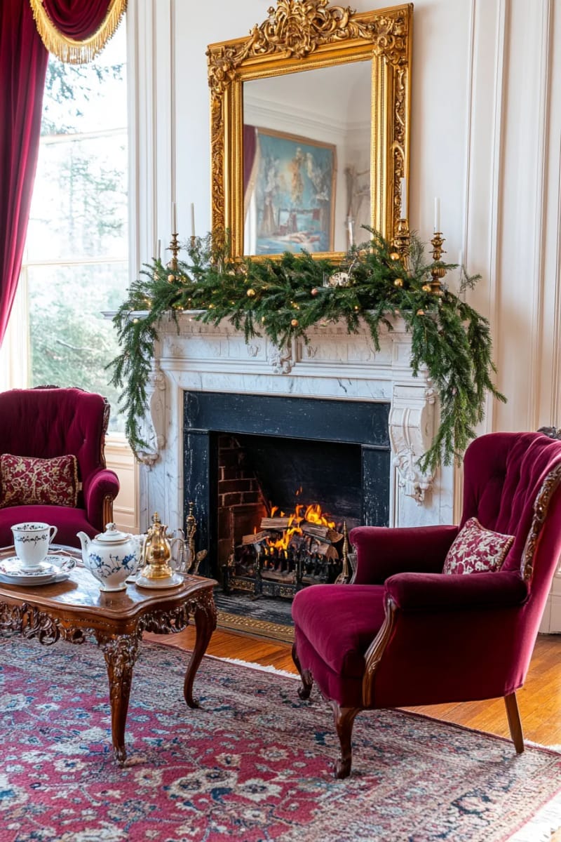 classic victorian living room with deep red drapes and evergreen boughs 1