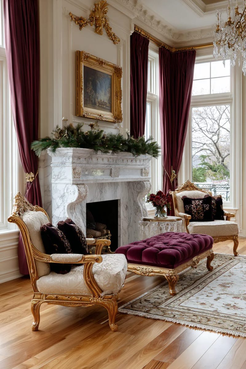 classic victorian living room with deep red drapes and evergreen boughs 1