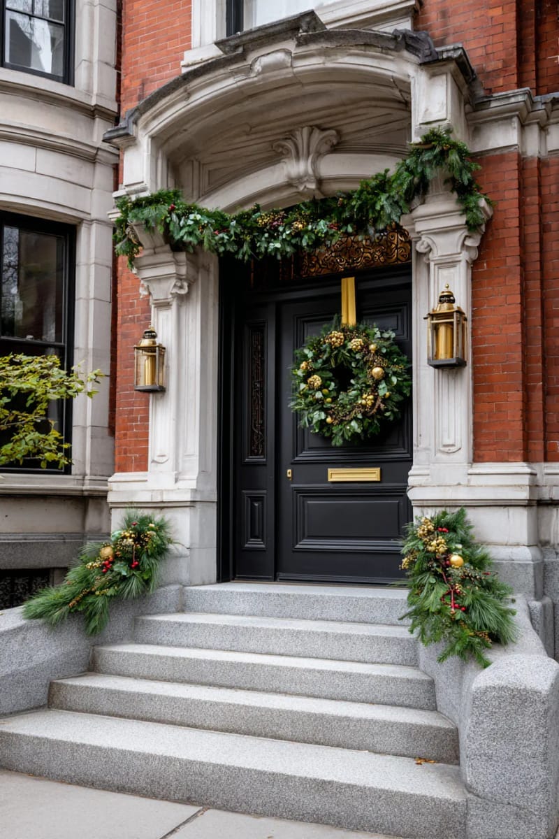 27 Beautiful Christmas Front Door Decor Ideas to Inspire 54 classic victorian: ornate wreath, garland, and brass lanterns 1