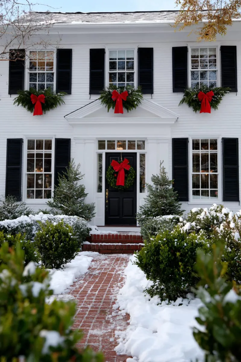 23 Exterior Christmas Decor Ideas Guests Will Remember All Season Long 64 classic wreath trio—one on the door, two on upper floor windows with red bows 1