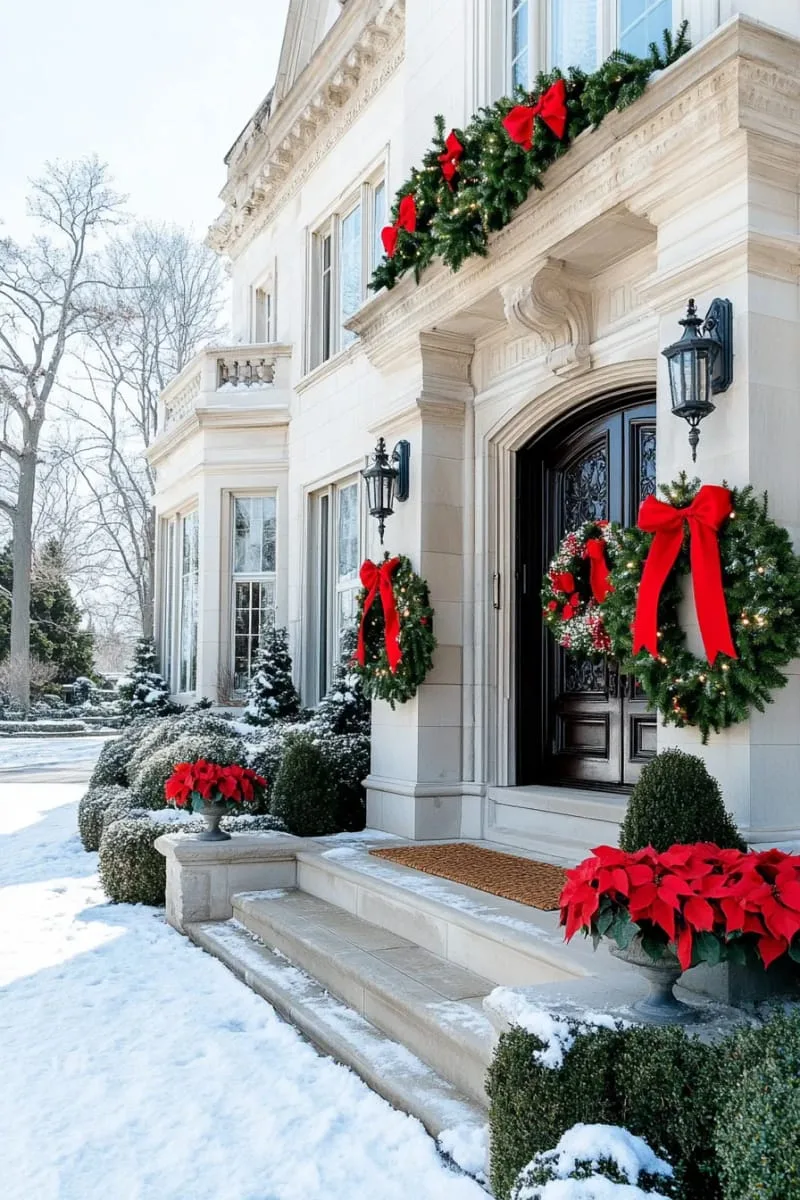 23 Exterior Christmas Decor Ideas Guests Will Remember All Season Long 65 classic wreath trio—one on the door, two on upper floor windows with red bows 1